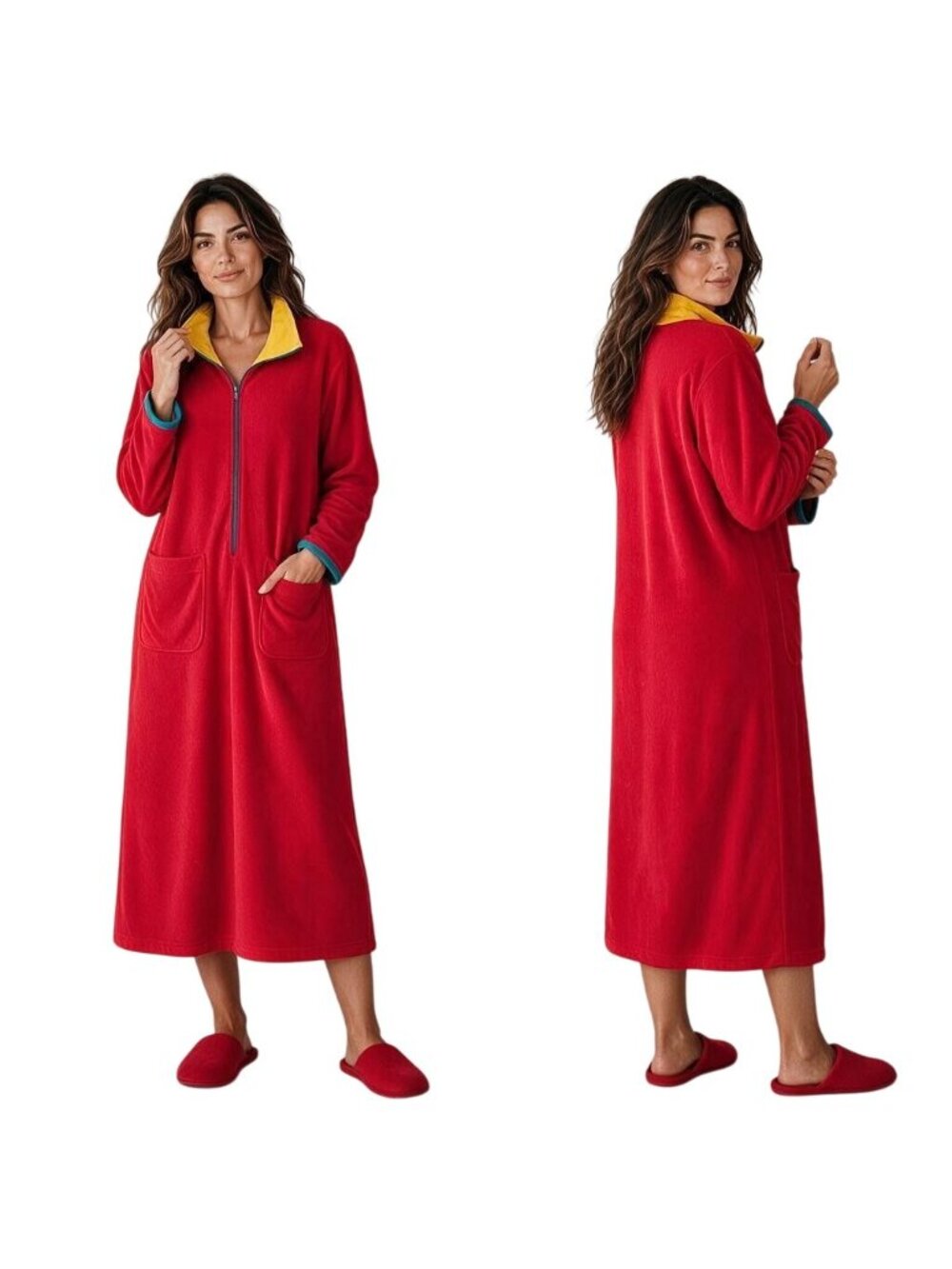 Vintage Jack Murphy Womens Robe Medium Red Colorblock Zip Front Housecoat 80s 90